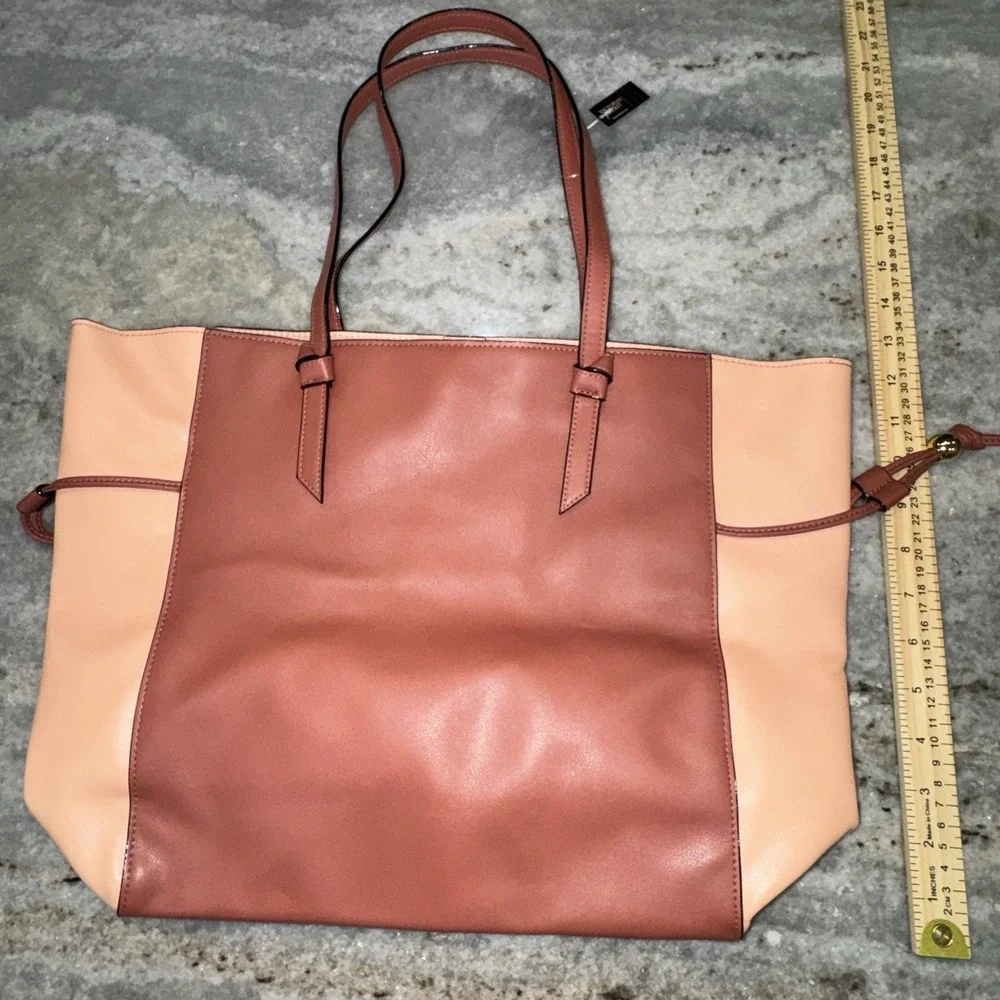 Victoria's Secret Bare Rose Peach Colorblock Faux Leather Large Cinch‎ Tote Bag